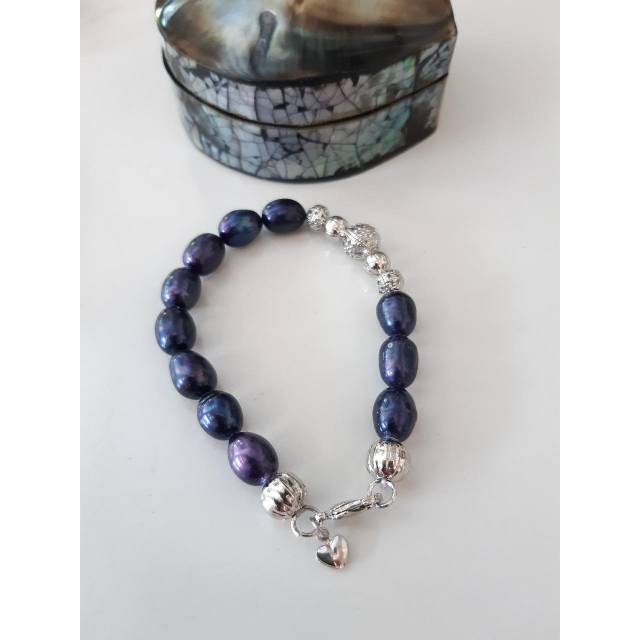 GELANG ASLI MUTIARA AIR TAWAR LOMBOK PADUAN BOLA RANGKA RHODIUM MUTIARA HITAM GELANG WANITA