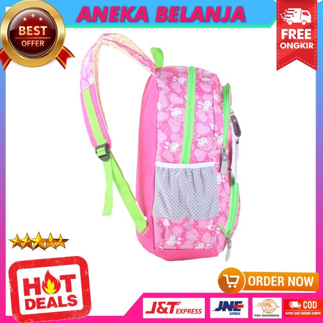 TAS SEKOLAH SD SMP CAHAYA KITTY PINK VARIASI HIJAU BACKPACK ANAK CEWEK KARAKTER LUCU FREE RAINCOVER