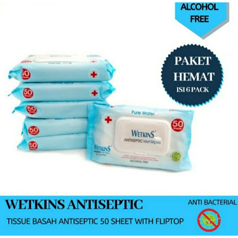 (BUY 5 GET 1 FREE) TISSUE BASAH WETKINS ANTISEPTIK 50s FLIPTOP I TISSUE BASAH I WET WIPES I BABY