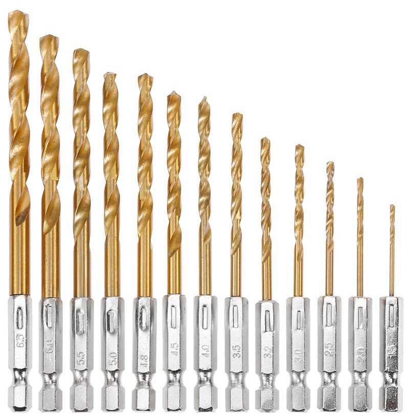 Mata Bor Power Drill Steel Titanium Hex Shank 13 PCS / Mata Bor Drill Drilling Pelubang Pelobang Pahat Pemahat Pengukir Ukir Kayu Besi Metal Beton Tuner Pagoda Baja Plastik Pvc Alumunium Titanium Mini Set / Mata Bor Pembuat Drat Ulir Lubang Baut Tap Drill