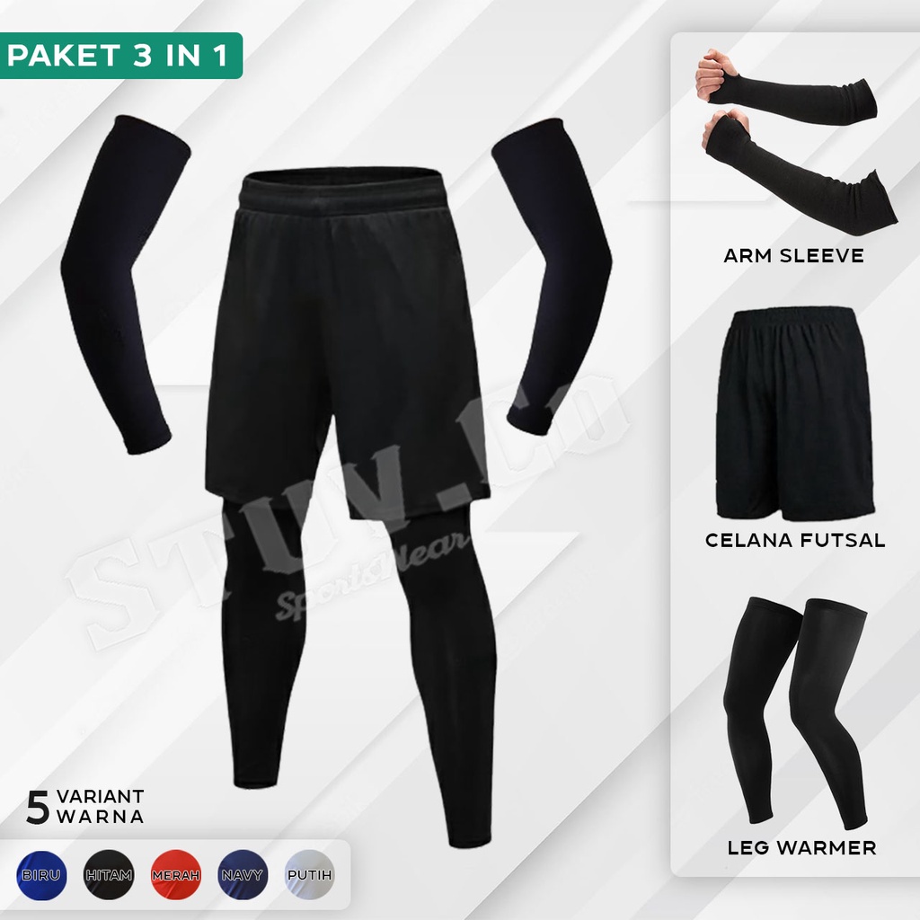 PAKET 3IN1 STELAN ARM SLEEVE CELANA FUTSAL DAN LEG WARMER SET OLAHRAGA FUTSAL SEPAKBOLA BULUTANGKIS SEPEDA BASKET VOLI PRIA WANITA