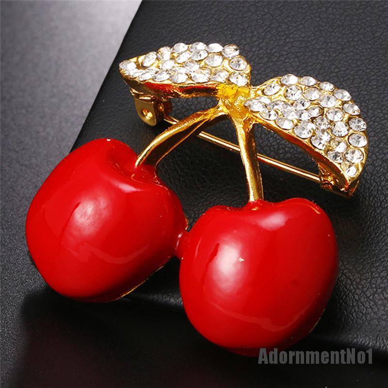 (Adornmentno1) Bros Pin Enamel Ceri Merah Hias Kristal Berlian Imitasi Untuk Wanita