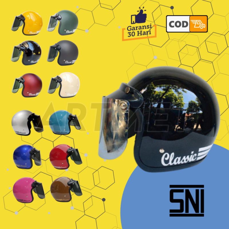 HELM BOGO CLASSIC STRIP KACA DATAR CEWE COWO DEWASA SNI RETRO POLOS ORIGINAL - LIS CROM