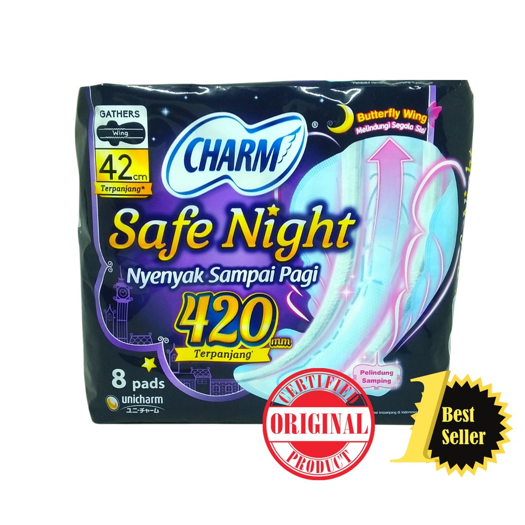 CHARM WING 42 CM 8 / Charm Safe Night 42 cm isi 8 / Charm Pembalut Wanita Body Fit 8'S Night Wing 42 Cm