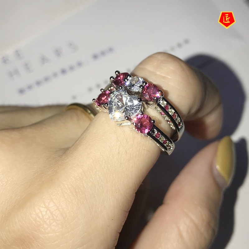 [Ready Stock]Heart-Shaped Ruby-Corundum Gem Diamond Ring Fashion Personality