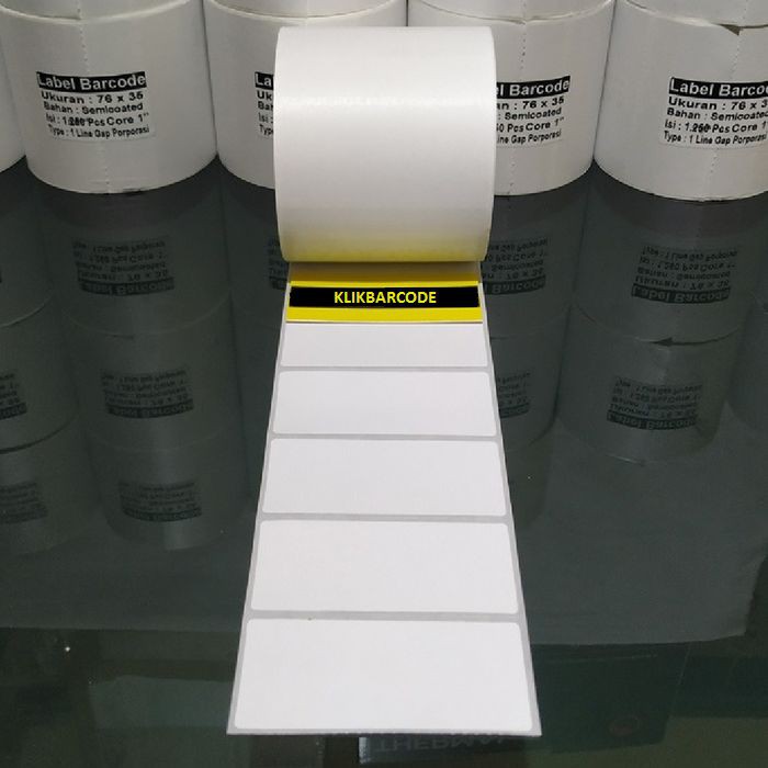 

BARCODE LABEL SEMICOATED 76 x 35MM 1LINE GAP CORE 1" PAKAI PORPORASI - PROMO SHOPEE - Isi : 1.000 pcs
