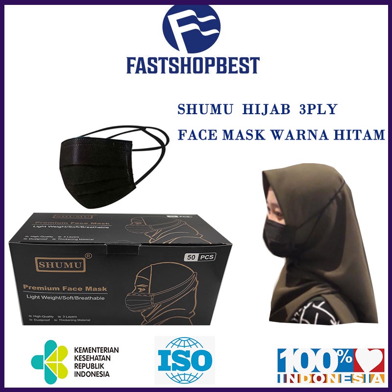 SHUMU Masker Hijab Hitam/Black 3ply Headloop isi 50pcs
