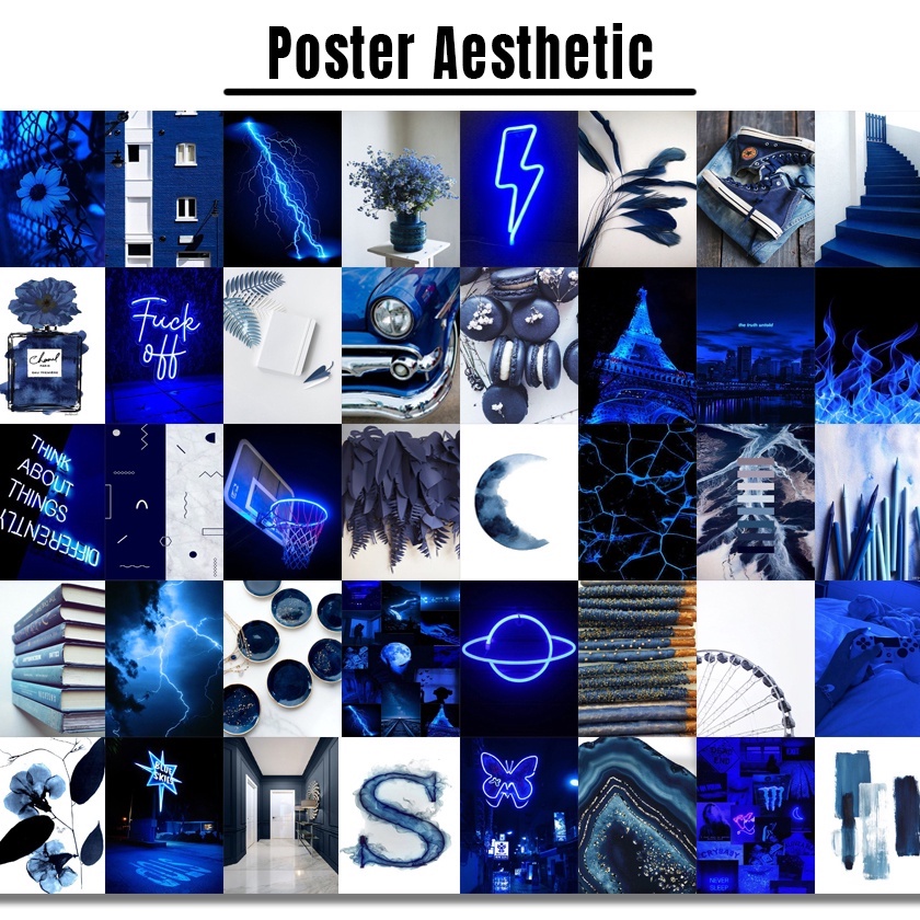 Poster Dinding Aesthetic | Poster Aesthetic | Isi 48 Poster | Collage Kit | Aesthetic Wallposter | Poster murah |  art wall |  poster band retro vintage black blue red purple brown avengers softblue | Viral poster-blue isi 48 A6