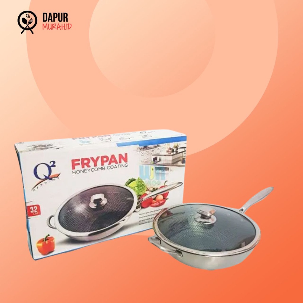 Wajan Frypan Panci Stainless Honeycomb Coating Q2 3288 32cm Penggorengan Kuali Wok Anti Lengket Tutup Kaca