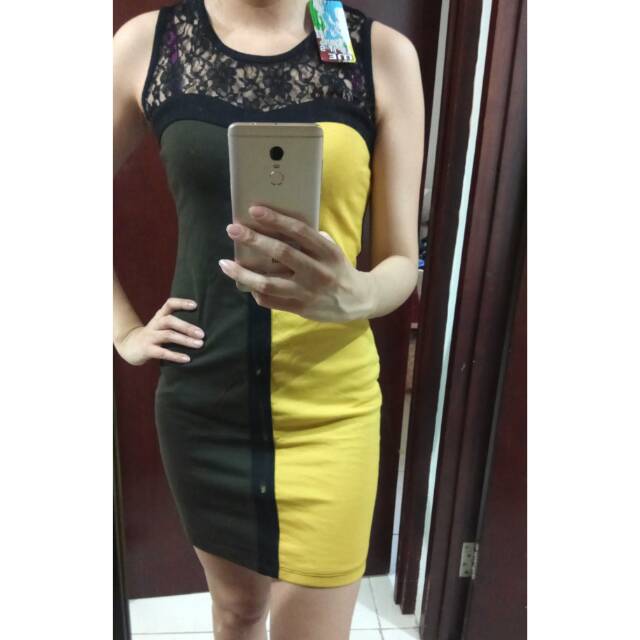 Mini dress brukat hijau kuning army sexy new bodycon