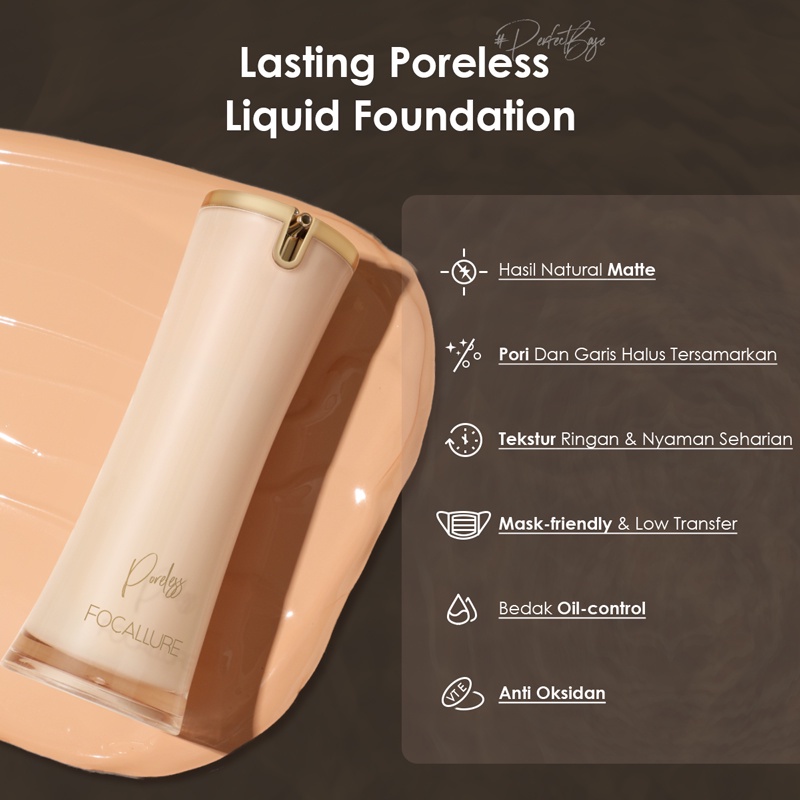 Focallure #PerfectBase Poreless Liquid Matte Foundation Tahan air Pengontrol Minyak Long-lasting