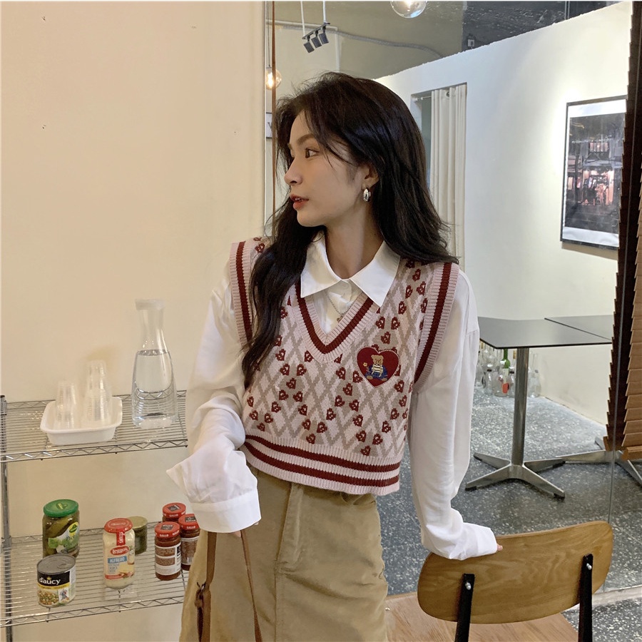 rompi rajut wanita Korea style baju rajut V neck crop top sweter kotak-kotak