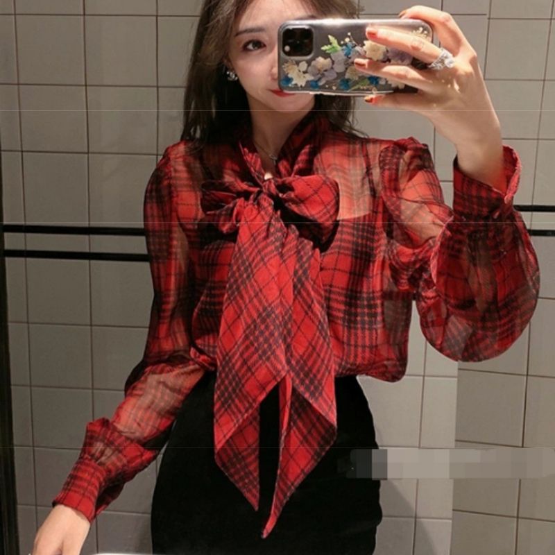 MDLV ~ 6303# Red Tartan Tie Neck Shirt Kemeja korea kemeja kotak kemeja merah kemeja Chiffon Kemeja Premium Fashion Import