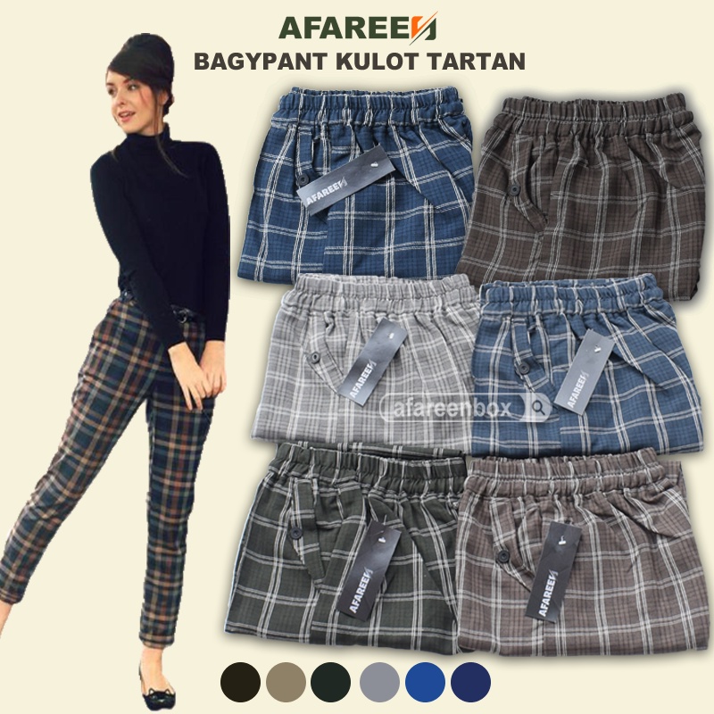 AFAREEN - Celana Tartan Wanita Motif Kotak Kotak Celana Kerja Wanita