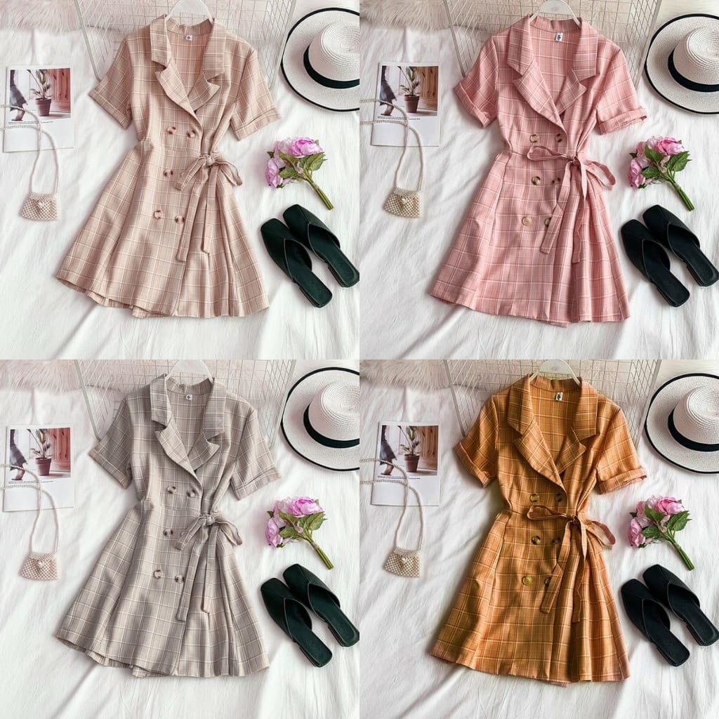 Baju Dress Korea Mini Dress Kotak Model Casual Terkini