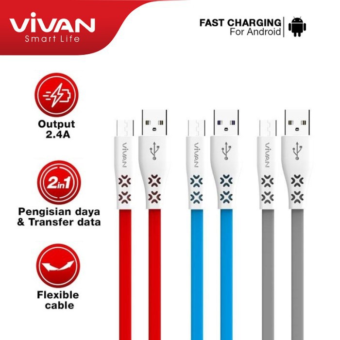 Kabel Data Vivan CTM100 1M Flat Micro USB Mini 2.4A Fast Charging Tube Data Cable For Android ORIGIN