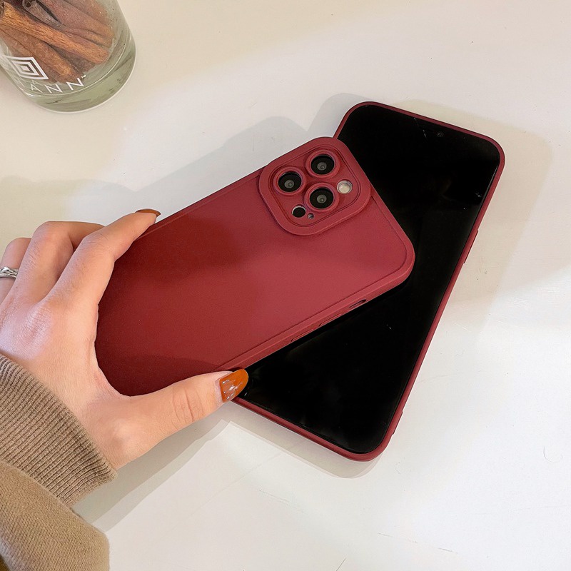 Korean Style！Red Wine Color Soft Silicon Case iP iPhone 7 8 + Plus X XR SE 2020 XS Max 11 12 13 Pro Max Camera Protector