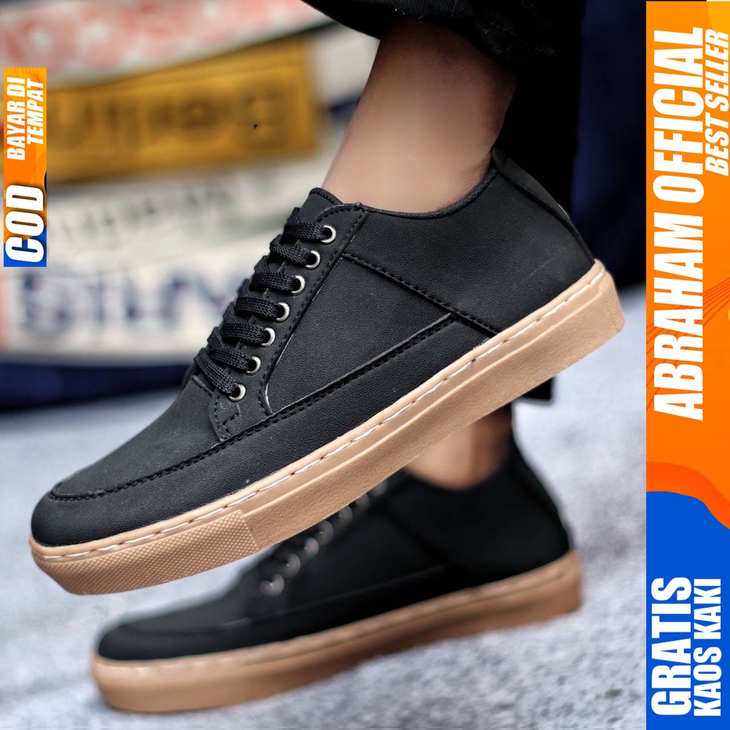 Sepatu Casual Pria Sneakers Hitam Kasual Kulit Pu Kerja Kuliah Kantor Kondangan Pesta Fashion Shoes Terbaru Sneker Original ICON ABRAHAM