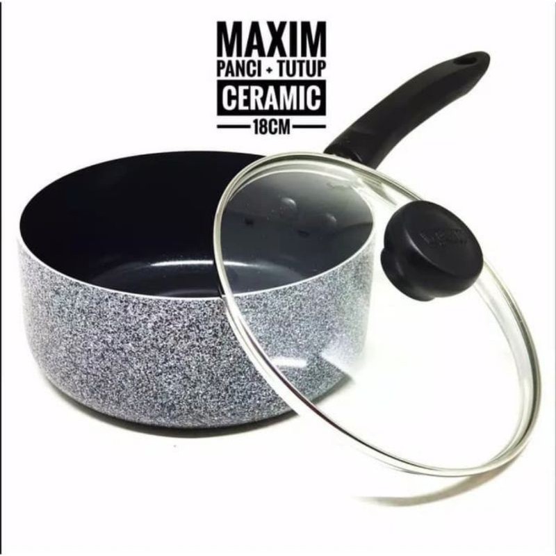 Maxim Neostone Sauce Pan 18cm Panci Susu Tutup Kaca Anti Lengket Keramik