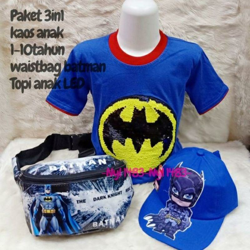 3 in 1 Kaos Usap Anak_Topi_Waistbag Motif Superhero Karakter Foto REALPICT