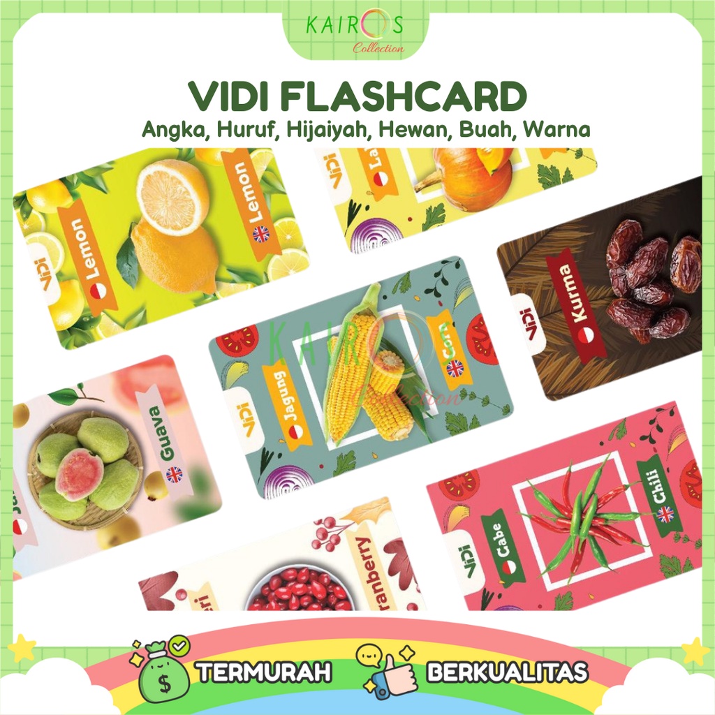 VIDI Flashcard Mainan Kartu Pintar Angka, Huruf, Hijaiyah, Hewan, Buah, Warna