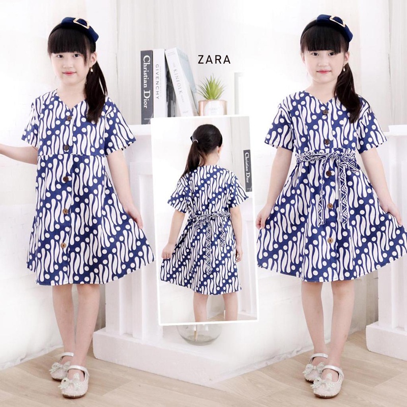 Evercloth Zara Dress Batik Anak Perempuan Baju Batik Anak  Couple Seragam Family Set Dress Batik Sekolah Anak