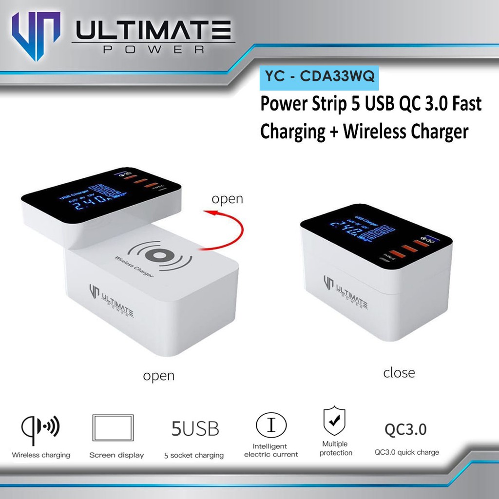 Ultimate YC-CDA33WQ Power Strip 5 USB &amp; Wireless Charger QC3.0 LED