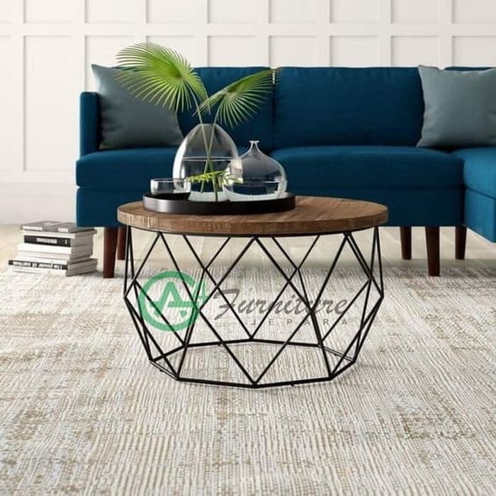 Meja Coffee Kombinasi Kaki Besi Modern, Meja Tamu Bentuk Bundar