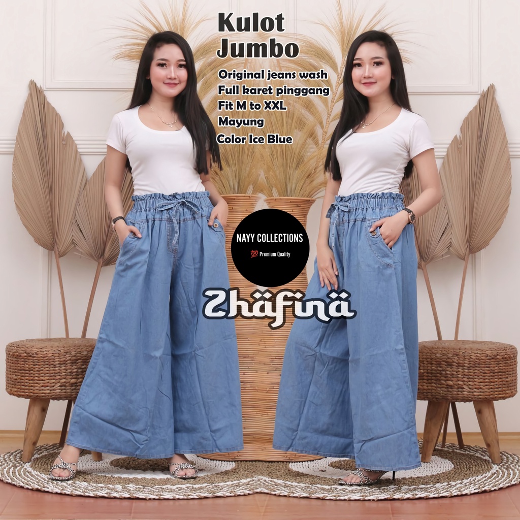 Celana Panjang Kulot Jeans Jens Levis Jumbo Wanita Hight Waist Big Size Pinggang Karet Kekinian Terbaru Lp 70-120 P 95 Allsize-Lightblue