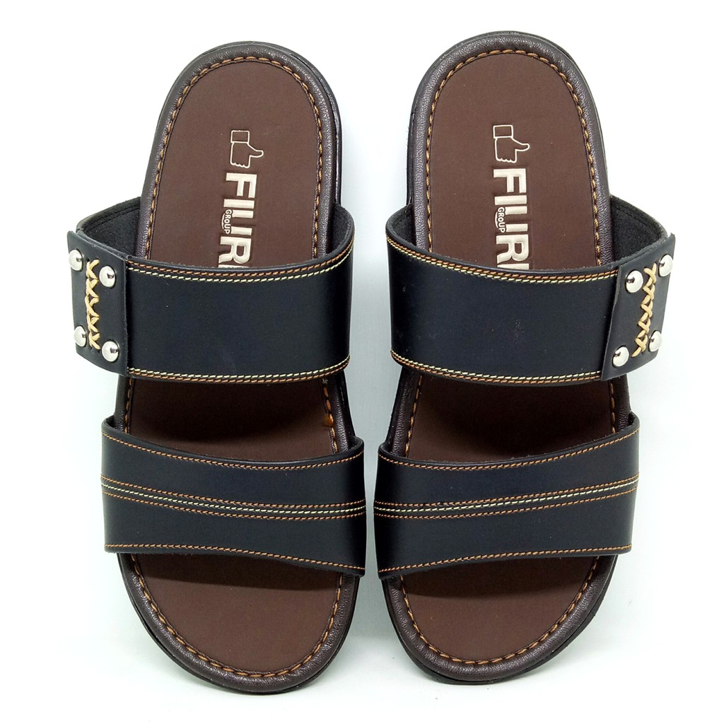 FIURI - Sandal Double Slip On Hitam - Sandal Pria Murah - Sandal Casual - Sandal Pria Kulit