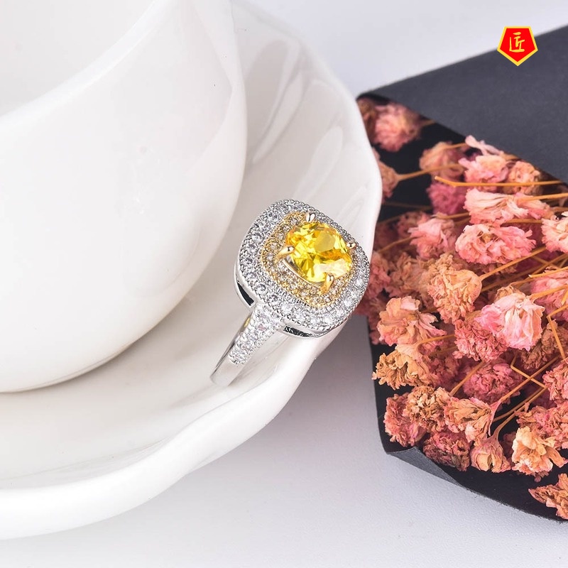 [Ready Stock]Inlaid Citrine Moissanite Ring Luxury Elegant