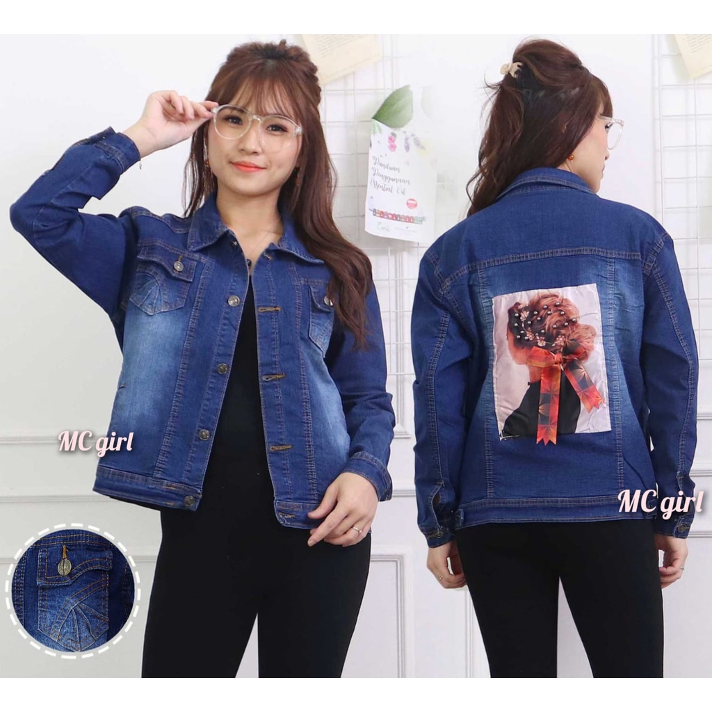 MC girl - Jaket Jeans Polos Gambar Pita 3D Wanita / Jacket Denim Gambar Belakang Pita Sequin Cewek / Jaket Lepis Gambar Pita Belakang Cewe