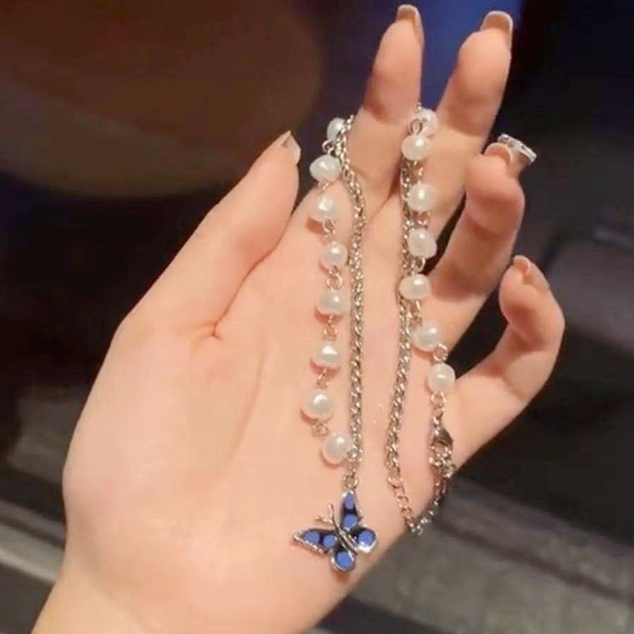 Gaya Yang sama seperti Yang Chaoyue kalung blue butterfly mutiara air tawar wanita klavikula kalung