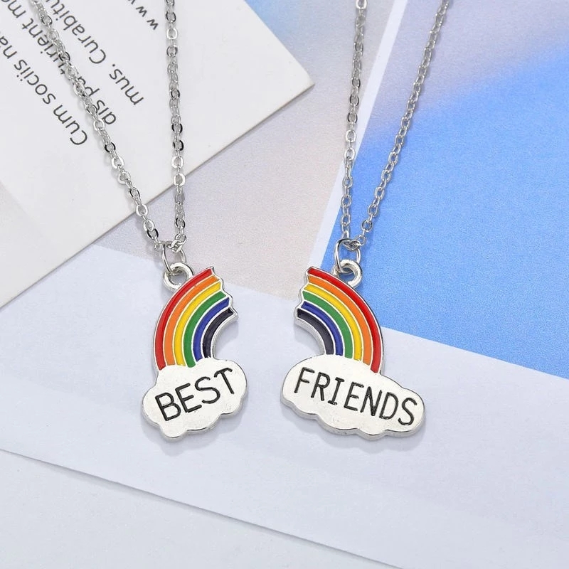 1/2Pcs Women Stitching Heart Rainbow Friendship Couple Necklace / Best Friends Rainbow Pendant Necklace