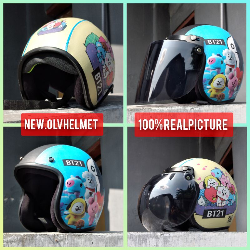 HELM BOGO ANAK 5 TAHUN KEATAS KARAKTER BT21 KACA DATAR CEMBUNG SNI FREE PACKING