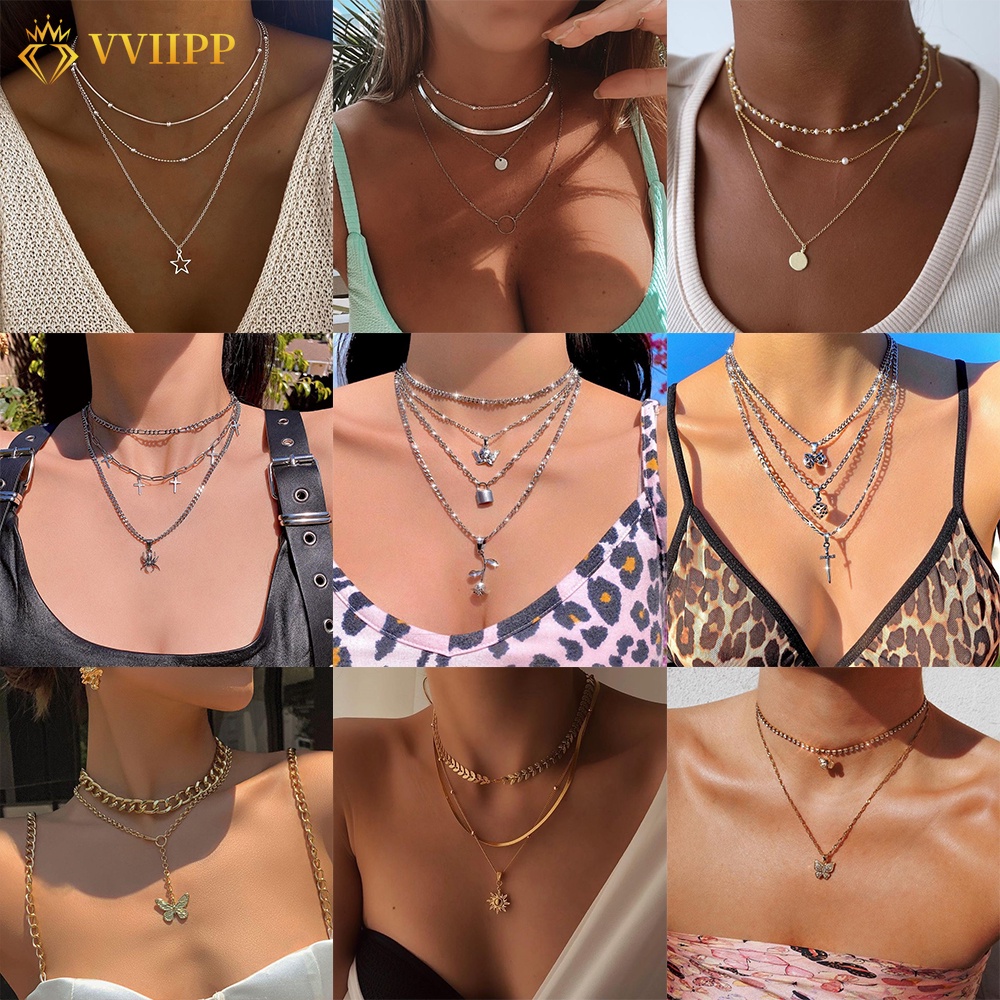 Classic Women Metal Gold Multilayer Necklace Silver Rose Pendant Necklace Dice Sun Decoration Accessories Temperament Jewelry