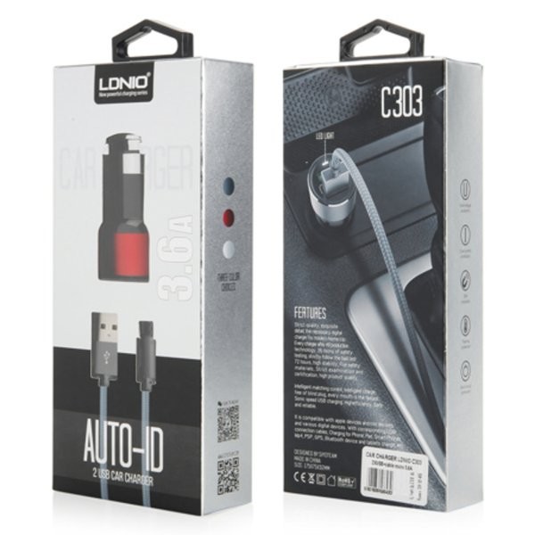 Car Charger LDNIO C303 Charger Mobil 2 Port USB 3.6A Kabel Micro USB