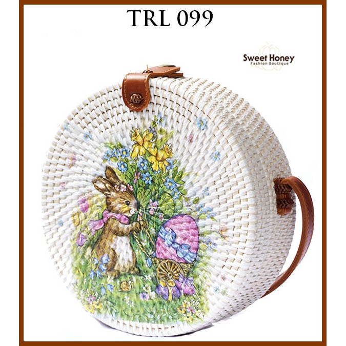 Sweet Honey ~ Grosir Tas Rotan Bulat Murah Lukis Decoupage Rabbit Kelinci TRL099