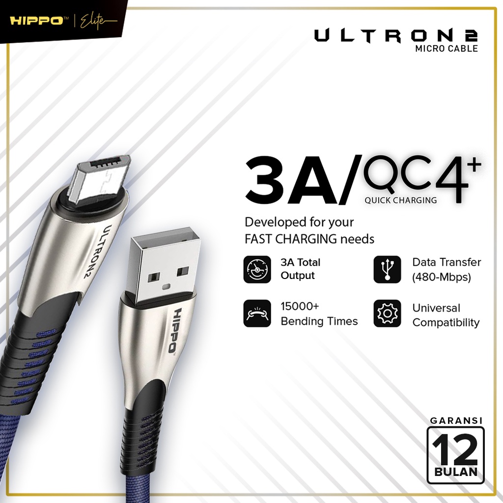 Hippo Elite Ultron 2 Micro, Type C, Lighting USB Port Cable 100 cm