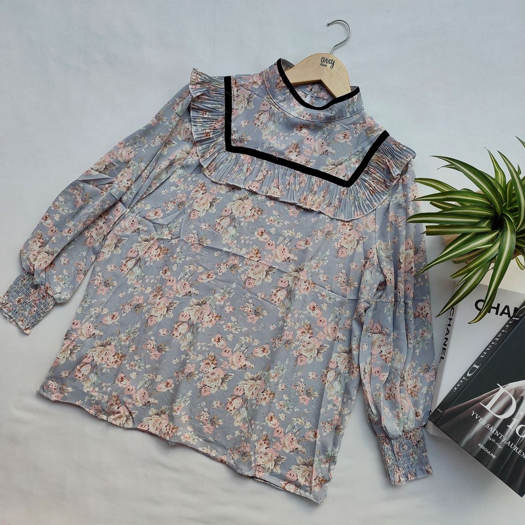 ARSY STORES | Blouse Wanita Korea Jumbo Balon Hitam Putih Korea - Nadian Blouse Korean Style-BLUE5