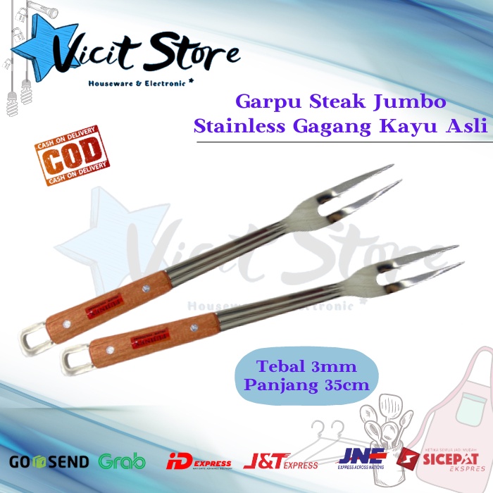 Garpu Steak Jumbo 35cm / Garpu BBQ Jumbo Stainless Steel Gagang Kayu