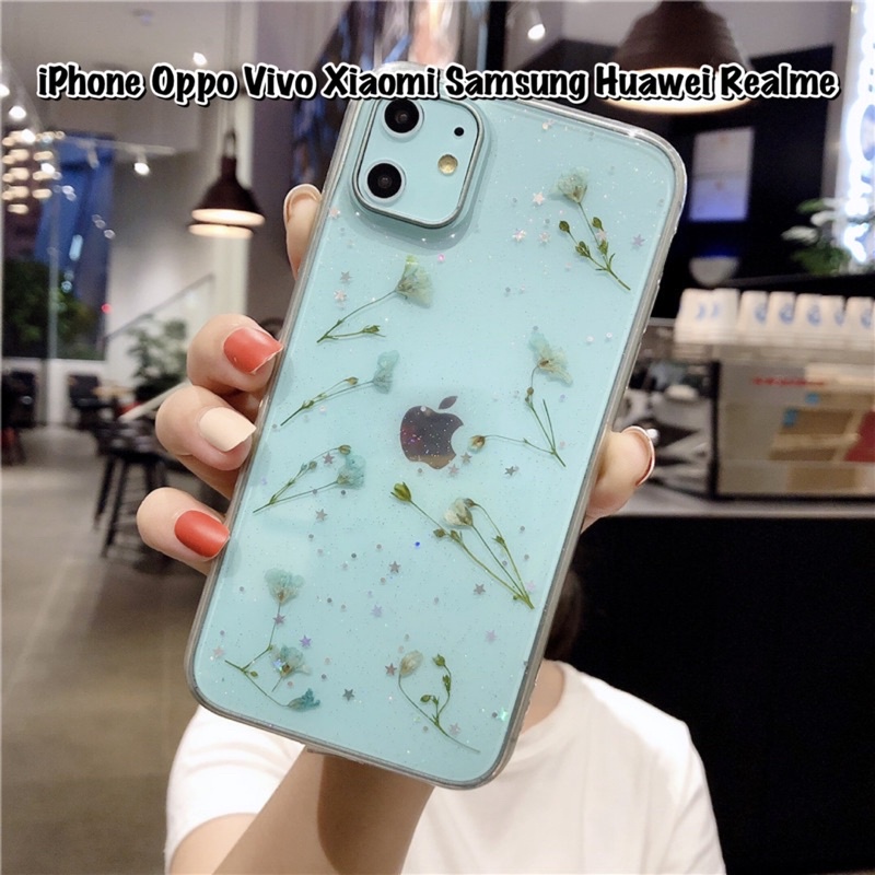 Blue Dried Flower Case Samsung A7 A9 2018 A6 A8 plus J4 J6 S9 V7 S10 S22 S21 Ultra A52 A72 A32 A11 A22 A53 A73 A21 A21s