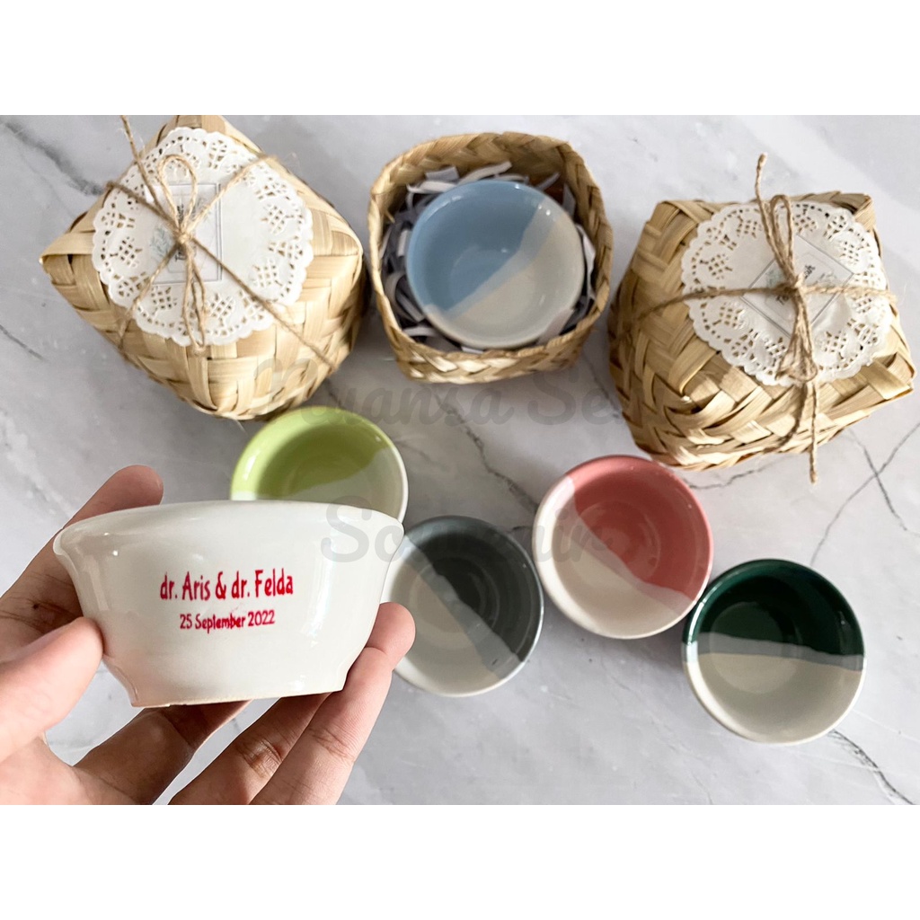 Souvenir Mangkok Sambal Porselen Tri Tone Mangkok Sambel Keramik Kecil Warna Mangkuk Sablon