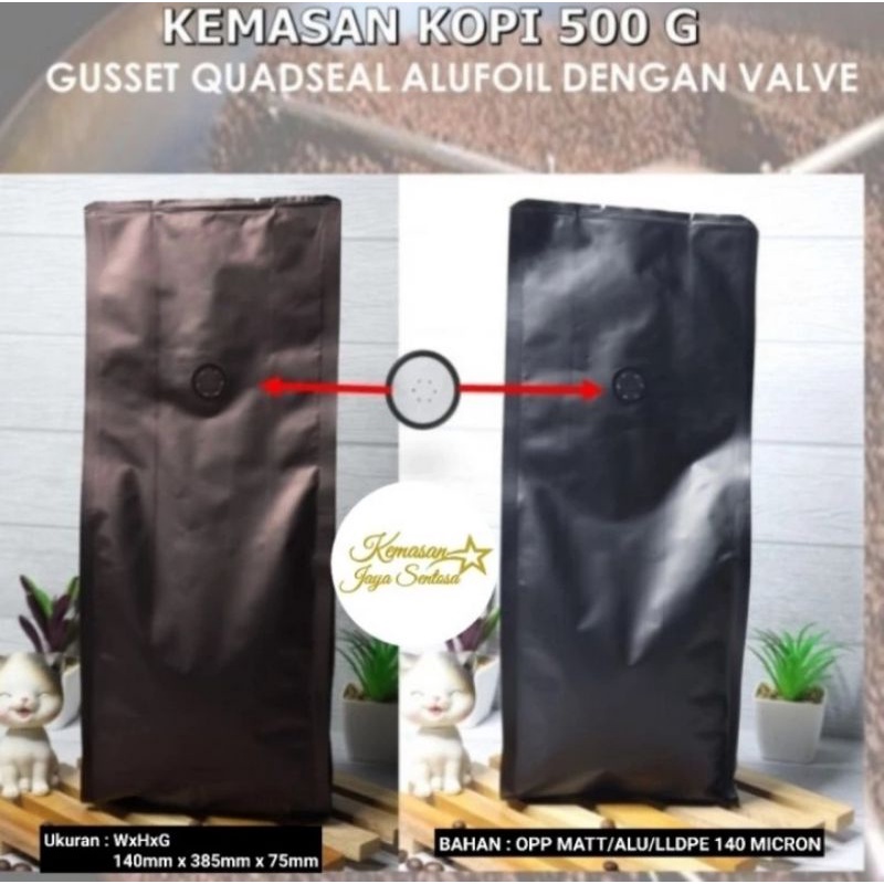 Kemasan kopi gusset 500 gr + valve.kemasan kopi.gusset hitam dark brown coklat.kemasan kopi gusset