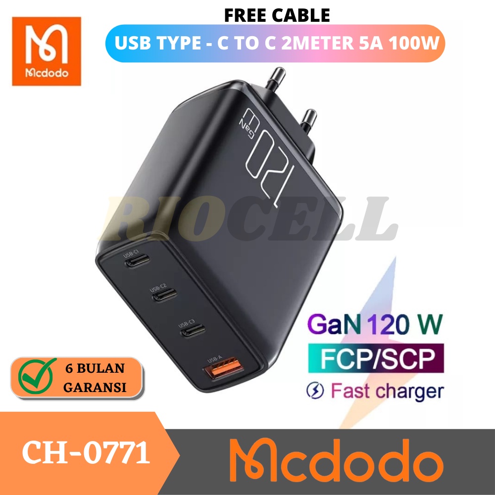 Mcdodo Adaptor GaN 120W Charger Laptop MacBook 4 Port PD Fast Charger 3 Port USB type C &amp; single USB A Port