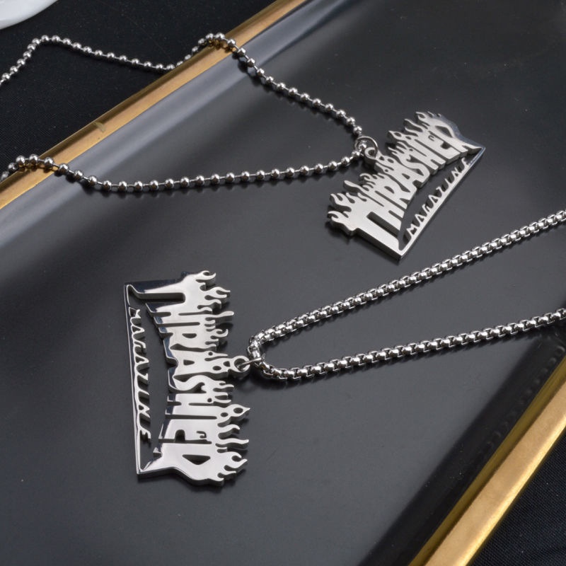 Thrasher Kalung Rantai Titanium Steel Liontin Tulisan Quenching Gaya Hip Hop Punk Untuk Pria