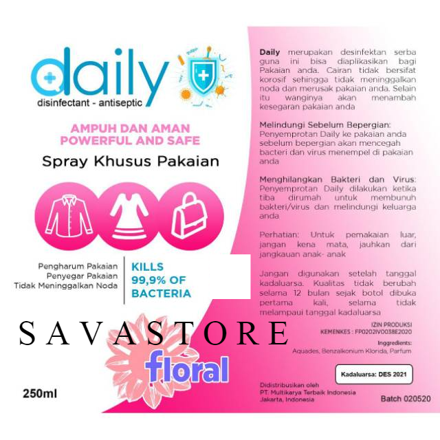 DAILY DESINFEKTAN ANTISEPTIC SPRAY 250ML KHUSUS UNTUK PAKAIAN SIAP PAKAI COD - ECER GROSIR