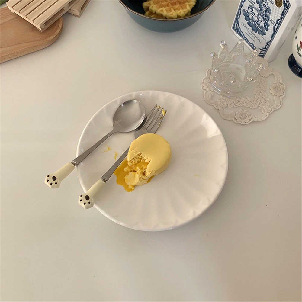 【COD Tangding】Stainless Steel Cartoon Ceramic Handle Cat Claw INS Simple Breakfast Spoon Dessert Cake Fruit Spoon Fork