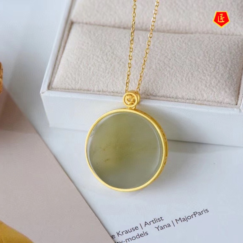 [Ready Stock]925 Silver Inlaid Hetian Jade round Plate Pendant Fashion Simple Gift