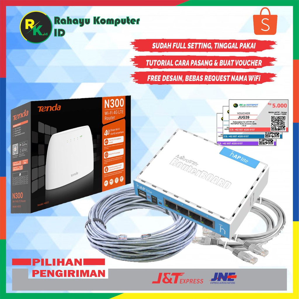 Paket Alat Usaha Wifi Hotspot Billing Voucher GSM All Operator Tenda 4G03 +  Mikrotik rb941